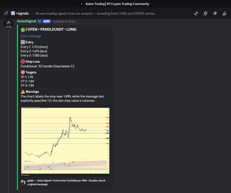 A real AxionSignal record posted in Discord